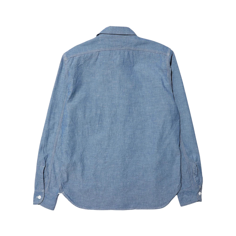 Back view of the Jelado Smoker Shirt Indigo Chambray Indigo highlighting clean back construction, balanced proportions, and heritage workwear styling for Clothier & Sons.