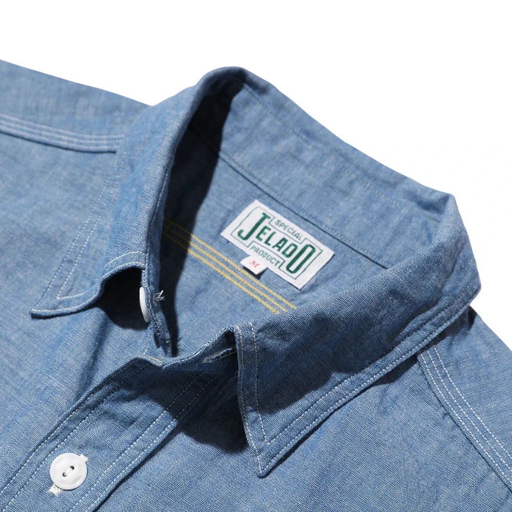 Collar detail of the Jelado Smoker Shirt Indigo Chambray Indigo showing collar shape, stitching, and classic work shirt finishing for Clothier & Sons.