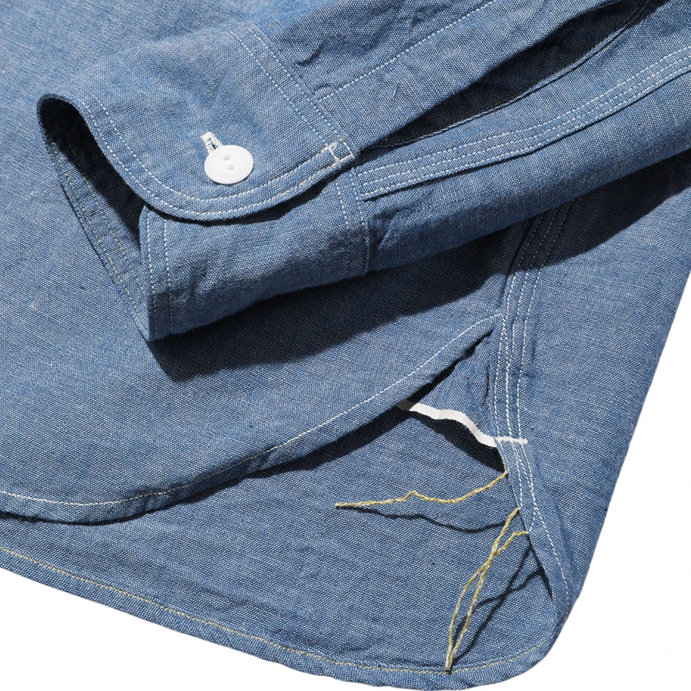 Fabric detail of the Jelado Smoker Shirt Indigo Chambray Indigo revealing chambray weave texture, indigo-dyed yarn character, and depth of color for Clothier & Sons.