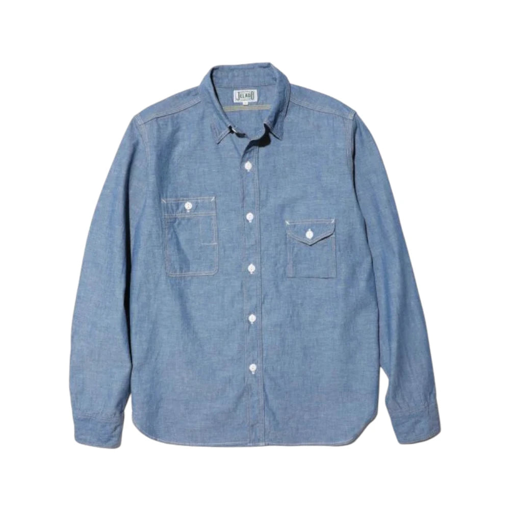 Front view of the Jelado Smoker Shirt Indigo Chambray Indigo showing the classic work shirt silhouette, indigo chambray fabric, and vintage-inspired design for Clothier & Sons.