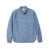 Front view of the Jelado Smoker Shirt Indigo Chambray Indigo showing the classic work shirt silhouette, indigo chambray fabric, and vintage-inspired design for Clothier & Sons.