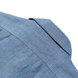 Side profile of the Jelado Smoker Shirt Indigo Chambray Indigo showing shirt length, sleeve shape, and relaxed vintage fit for Clothier & Sons.