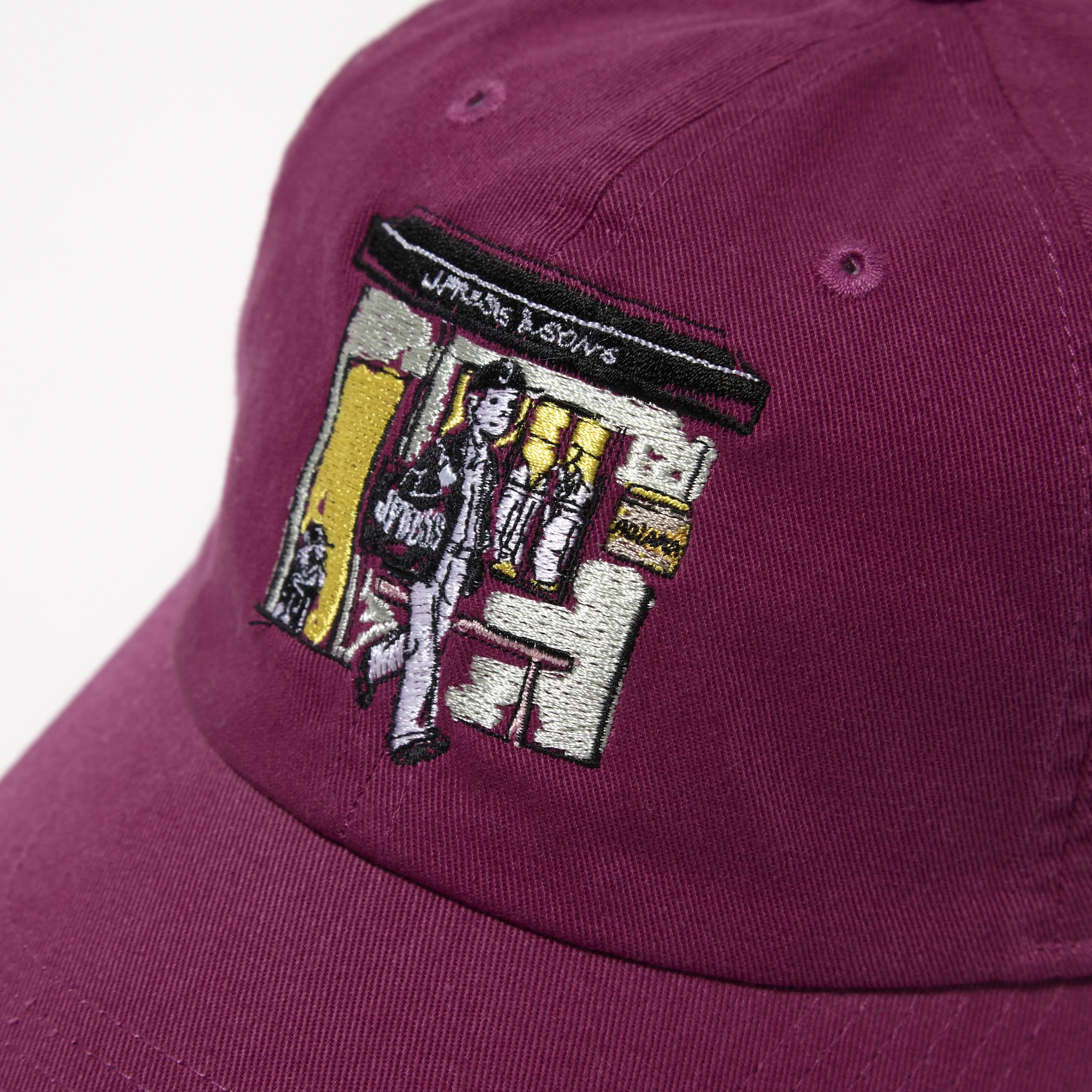 Top view of the J.Press Aaron Chang Cotton Twill Baseball Cap Purple showing panel construction, ventilation eyelets, and crown shape for Clothier & Sons.