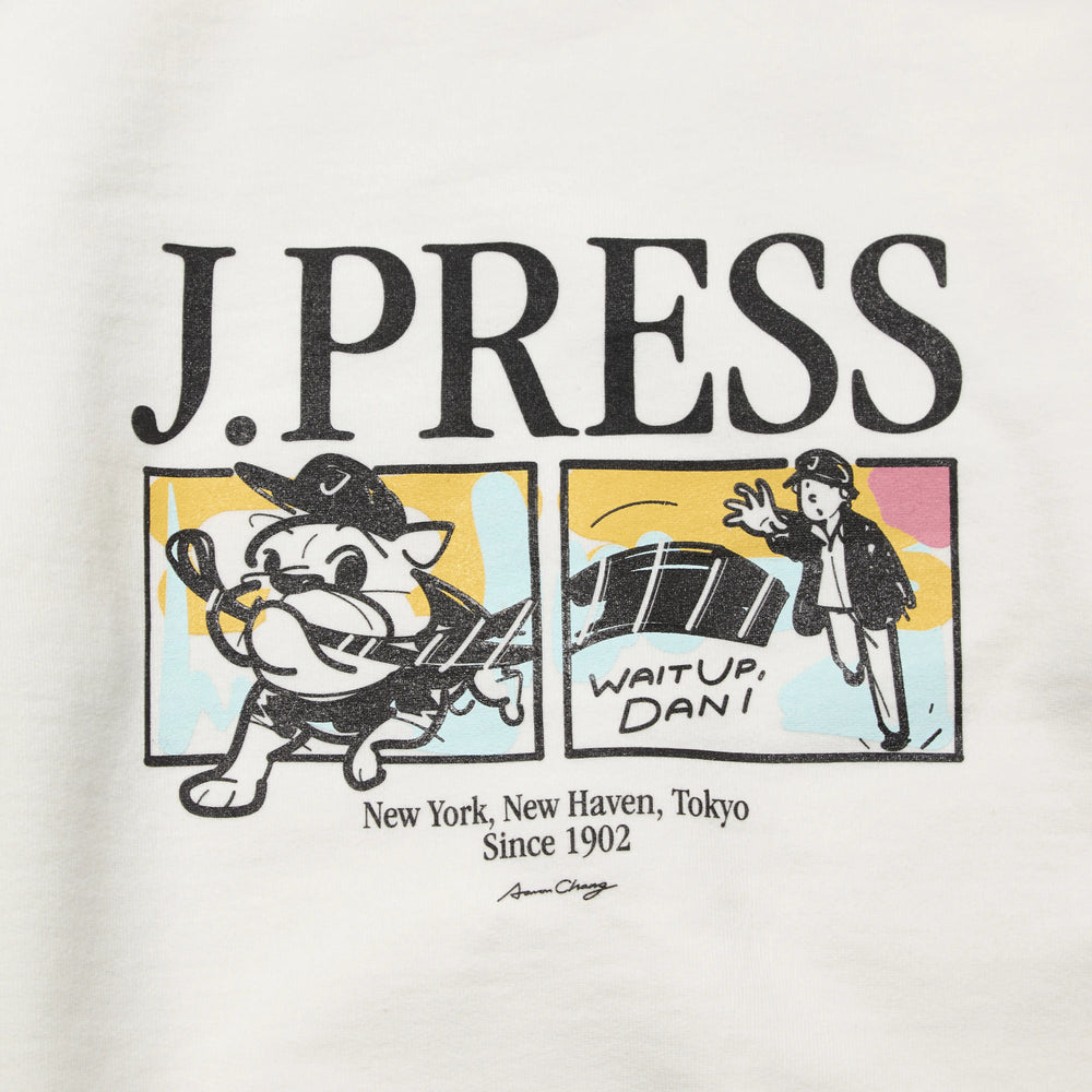 Graphic detail of the J.Press Aaron Illust-Sweat Graphic Sweatshirt White showing printed illustration and design placement for Clothier & Sons.