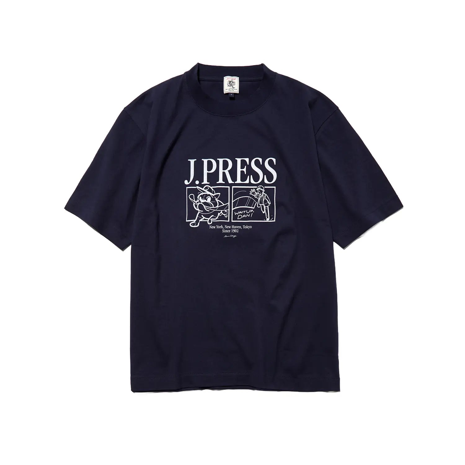 Front view of the J.Press Aaron Illust T-shirt Graphic Navy showing the deep navy base, graphic print design, and relaxed short sleeve silhouette for Clothier & Sons.
