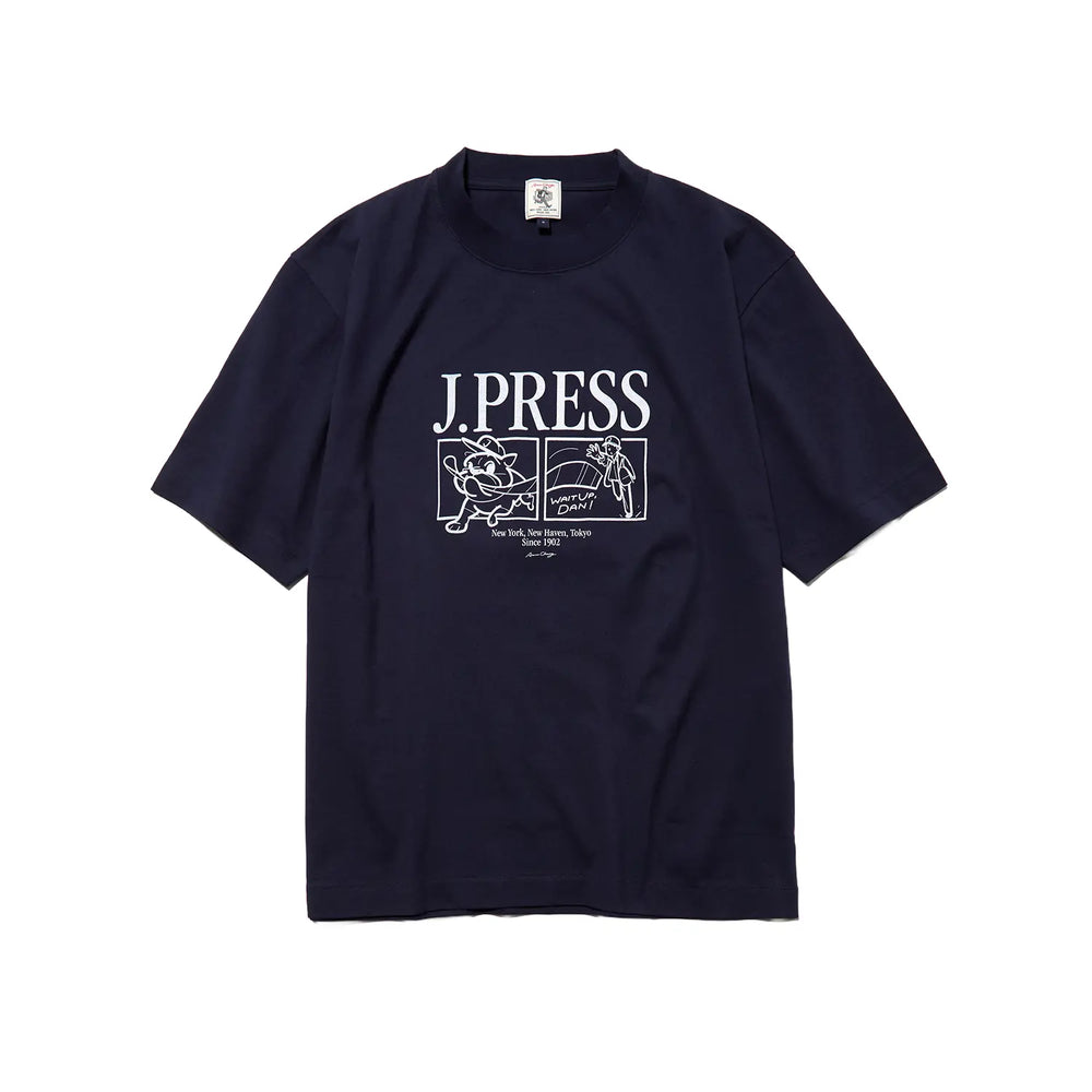 Front view of the J.Press Aaron Illust T-shirt Graphic Navy showing the deep navy base, graphic print design, and relaxed short sleeve silhouette for Clothier & Sons.

