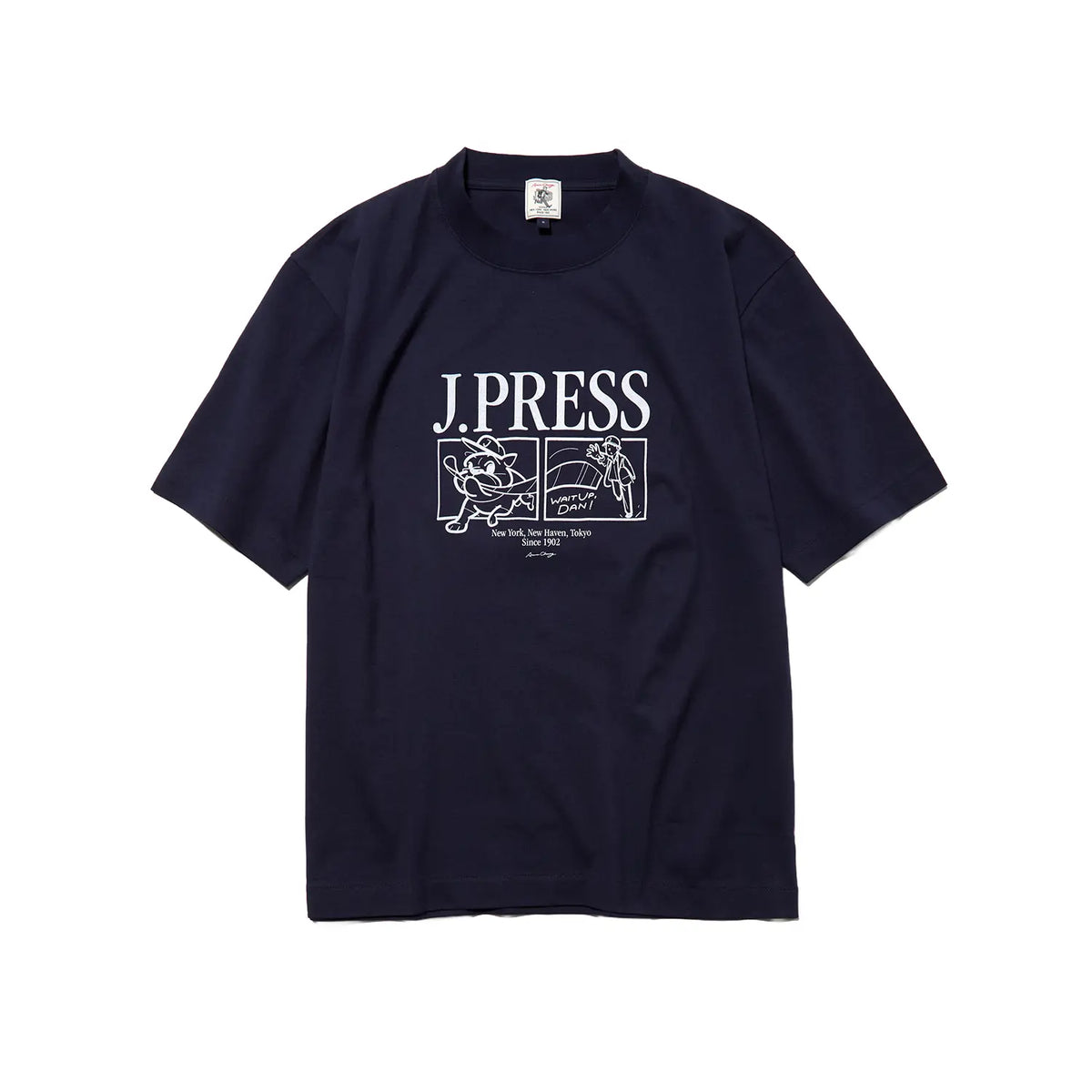 Front view of the J.Press Aaron Illust T-shirt Graphic Navy showing the deep navy base, graphic print design, and relaxed short sleeve silhouette for Clothier & Sons.
