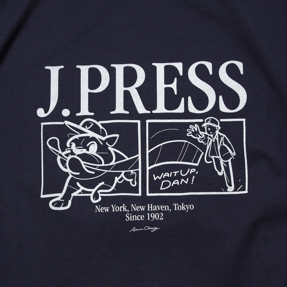 Graphic detail of the J.Press Aaron Illust T-shirt Graphic Navy showing printed illustration and design placement for Clothier & Sons.

