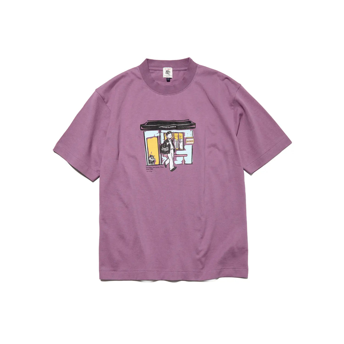 Front view of the J.Press Aaron Illust T-shirt Graphic Purple showing the rich purple base, graphic print design, and relaxed short sleeve silhouette for Clothier & Sons.
