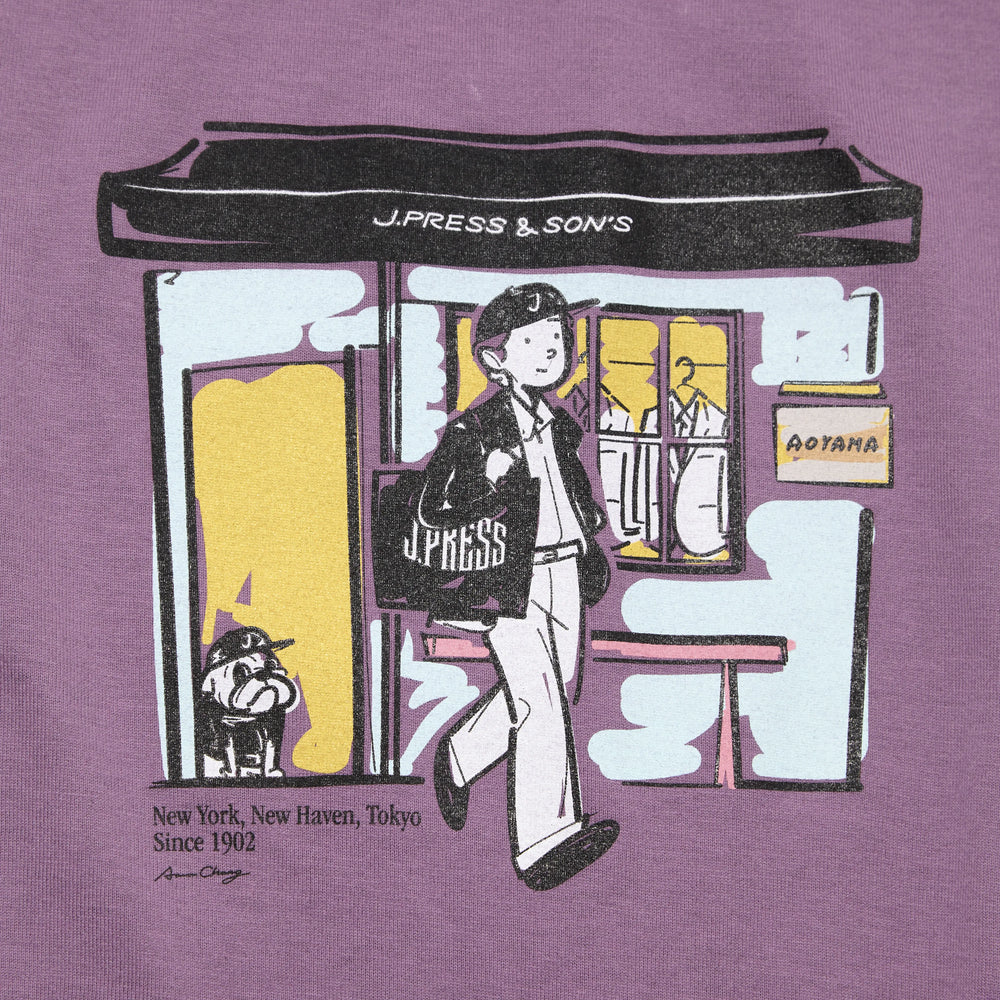 Graphic detail of the J.Press Aaron Illust T-shirt Graphic Purple showing printed illustration and design placement for Clothier & Sons.
