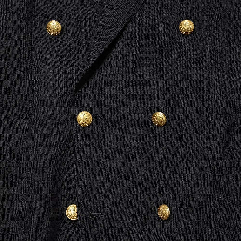 Button detail of the J.Press High Twist Hopsack New Jacket 6B Blazer Navy showing gold metal buttons and classic double-breasted arrangement for Clothier & Sons.