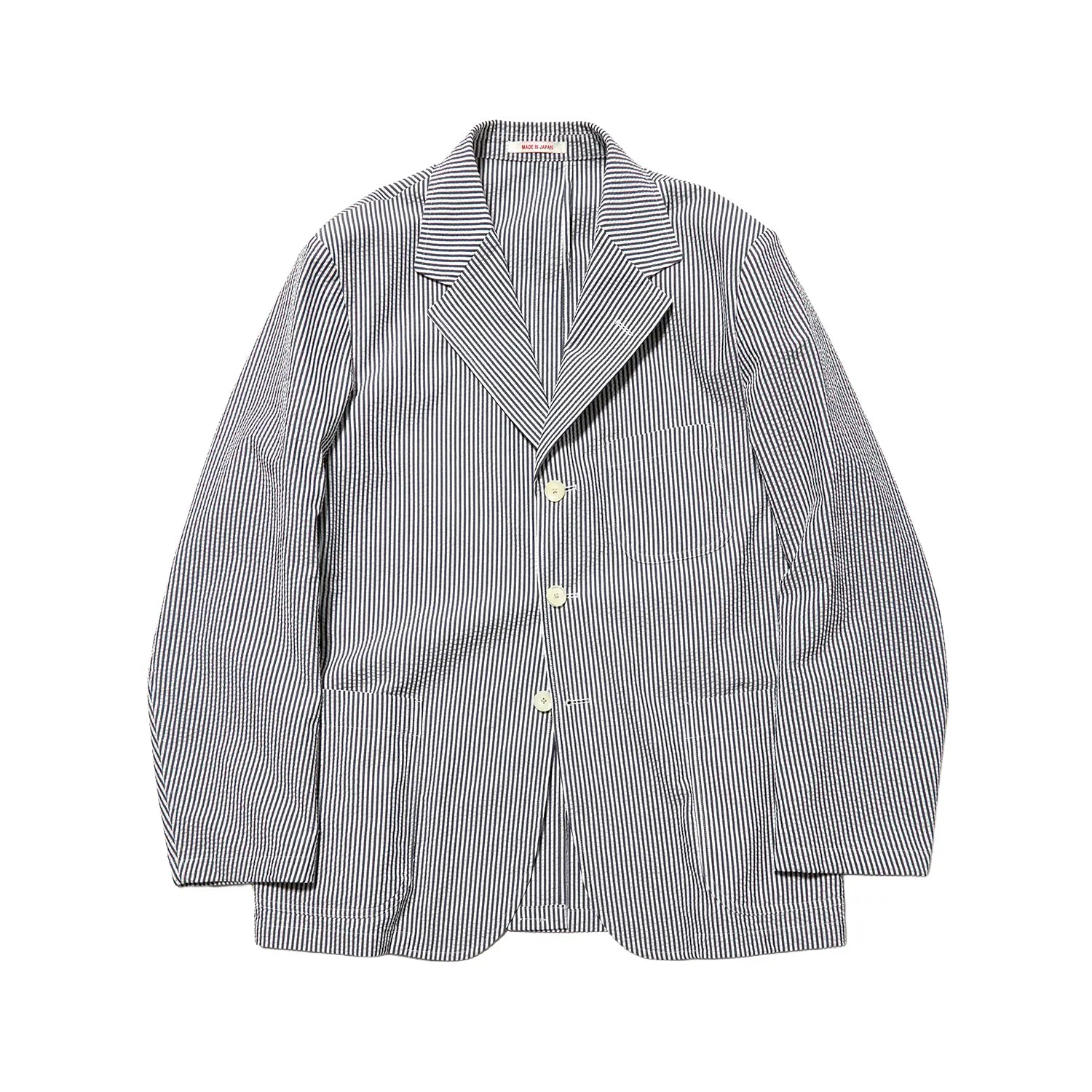 Front view of the J.Press Silk Seersucker 3B Sack Jacket Navy showing the classic three button sack silhouette, lightweight navy tone, and relaxed Ivy style for Clothier & Sons.
