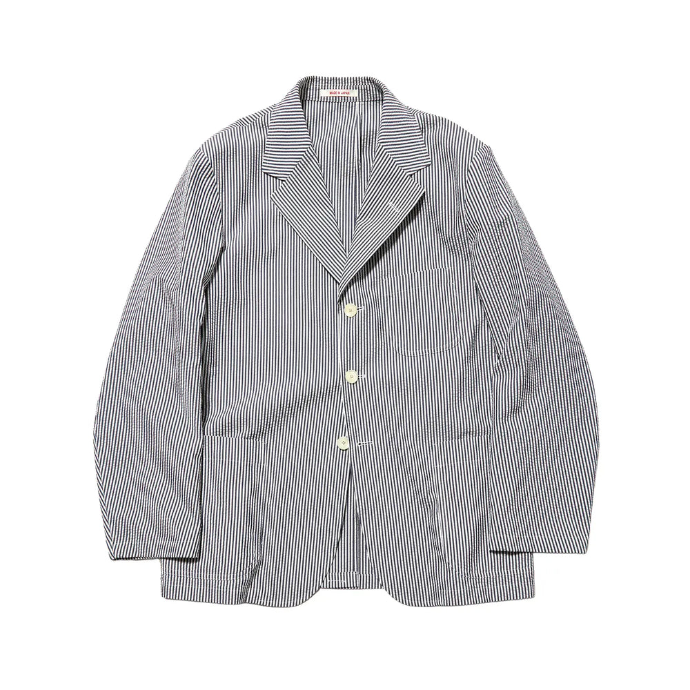 Front view of the J.Press Silk Seersucker 3B Sack Jacket Navy showing the classic three button sack silhouette, lightweight navy tone, and relaxed Ivy style for Clothier & Sons.
