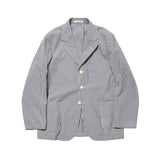 Front view of the J.Press Silk Seersucker 3B Sack Jacket Navy showing the classic three button sack silhouette, lightweight navy tone, and relaxed Ivy style for Clothier & Sons.
