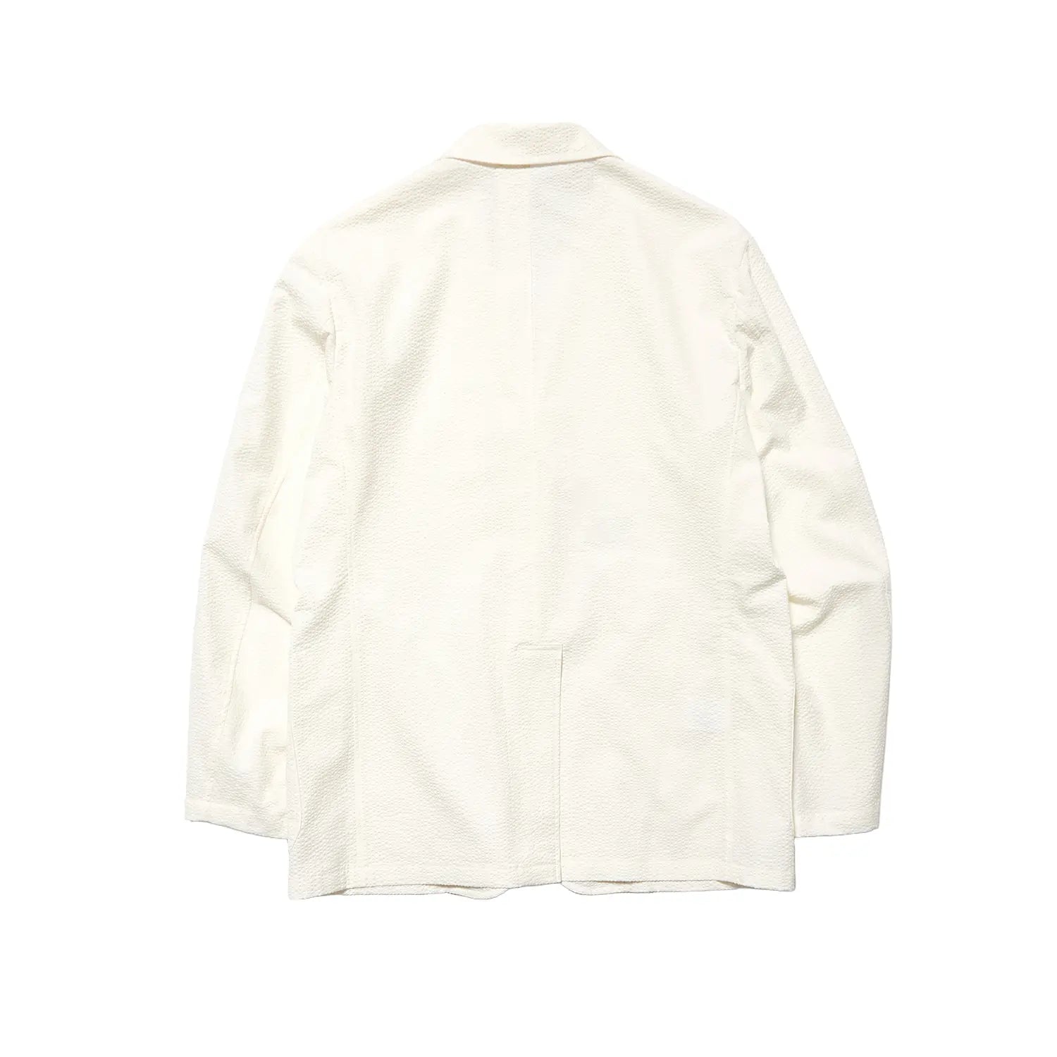 Back view of the J.Press Silk Seersucker 3B Sack Jacket White highlighting clean back construction and traditional sack proportions for Clothier & Sons.
