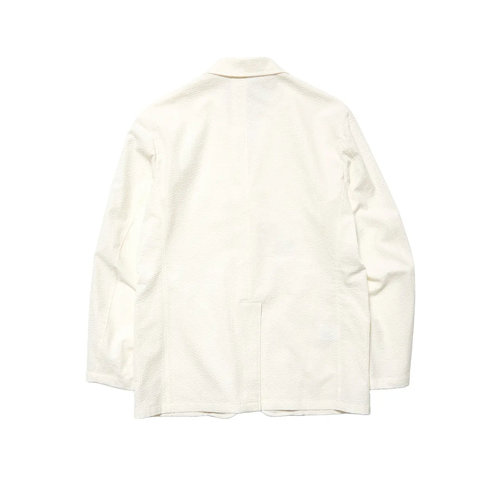 Back view of the J.Press Silk Seersucker 3B Sack Jacket White highlighting clean back construction and traditional sack proportions for Clothier & Sons.
