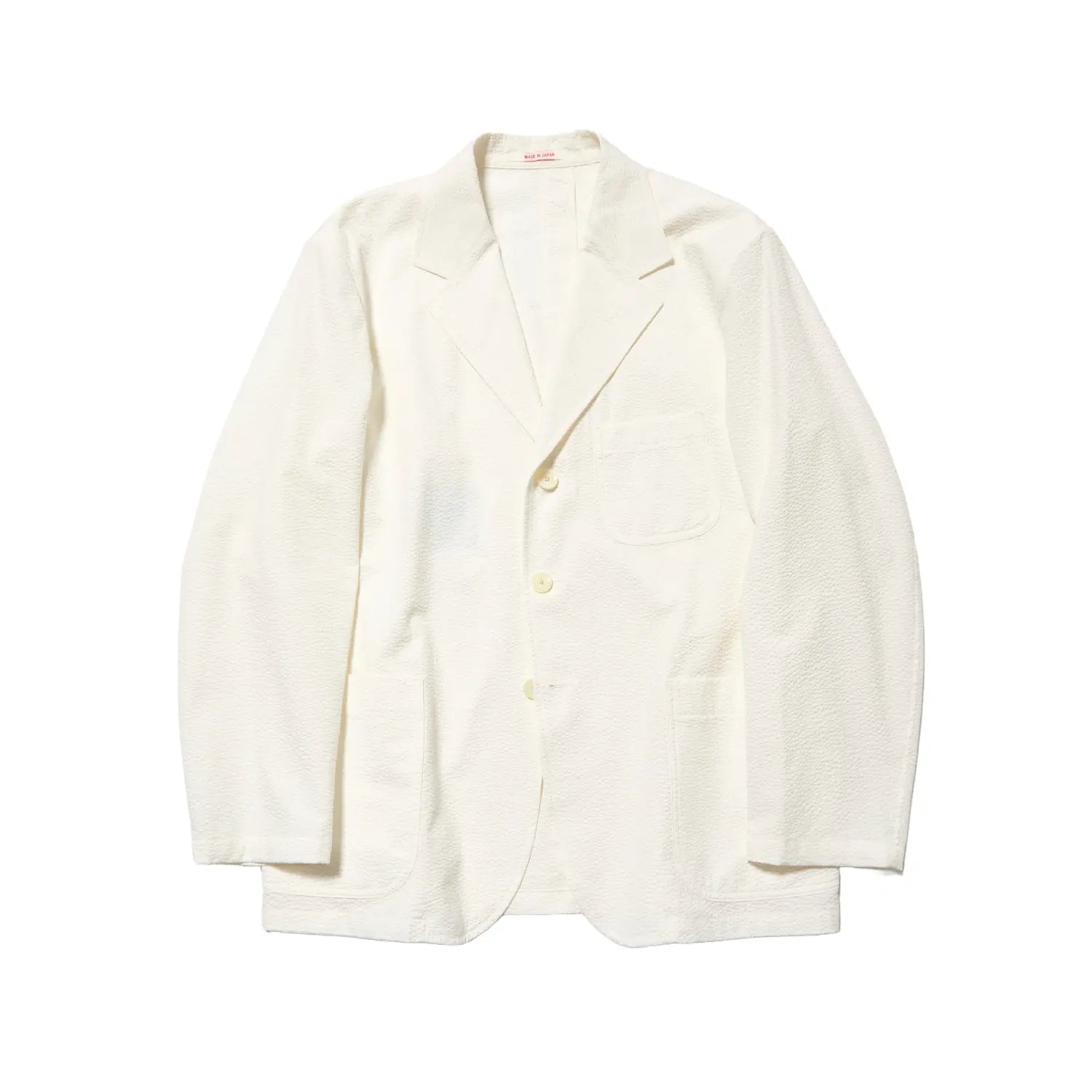 Front view of the J.Press Silk Seersucker 3B Sack Jacket White showing the classic three button sack silhouette, lightweight white tone, and relaxed Ivy style for Clothier & Sons.