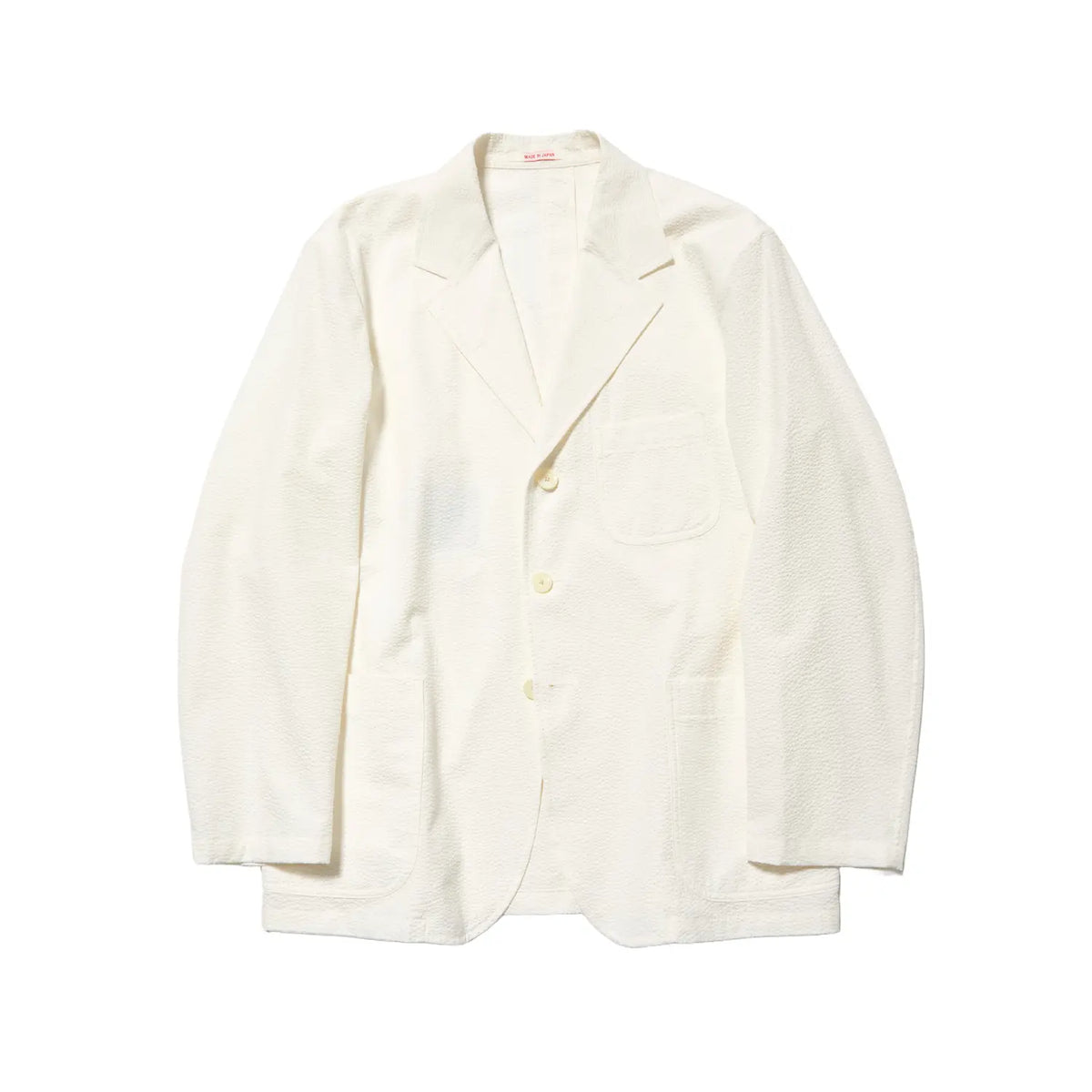 Front view of the J.Press Silk Seersucker 3B Sack Jacket White showing the classic three button sack silhouette, lightweight white tone, and relaxed Ivy style for Clothier & Sons.
