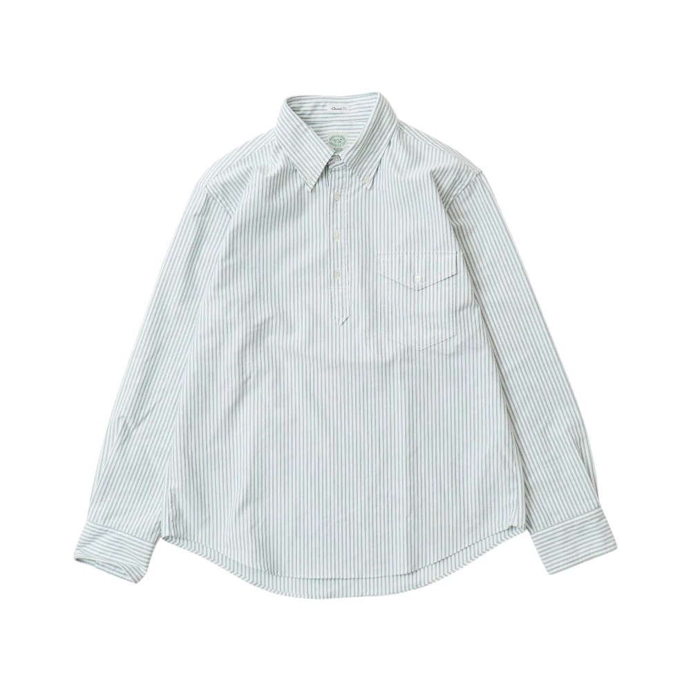 Keaton Chase USA L/S Pullover Classic Fit BD Shirt Supima Mixed Classic Oxford Green White Stripe Front View