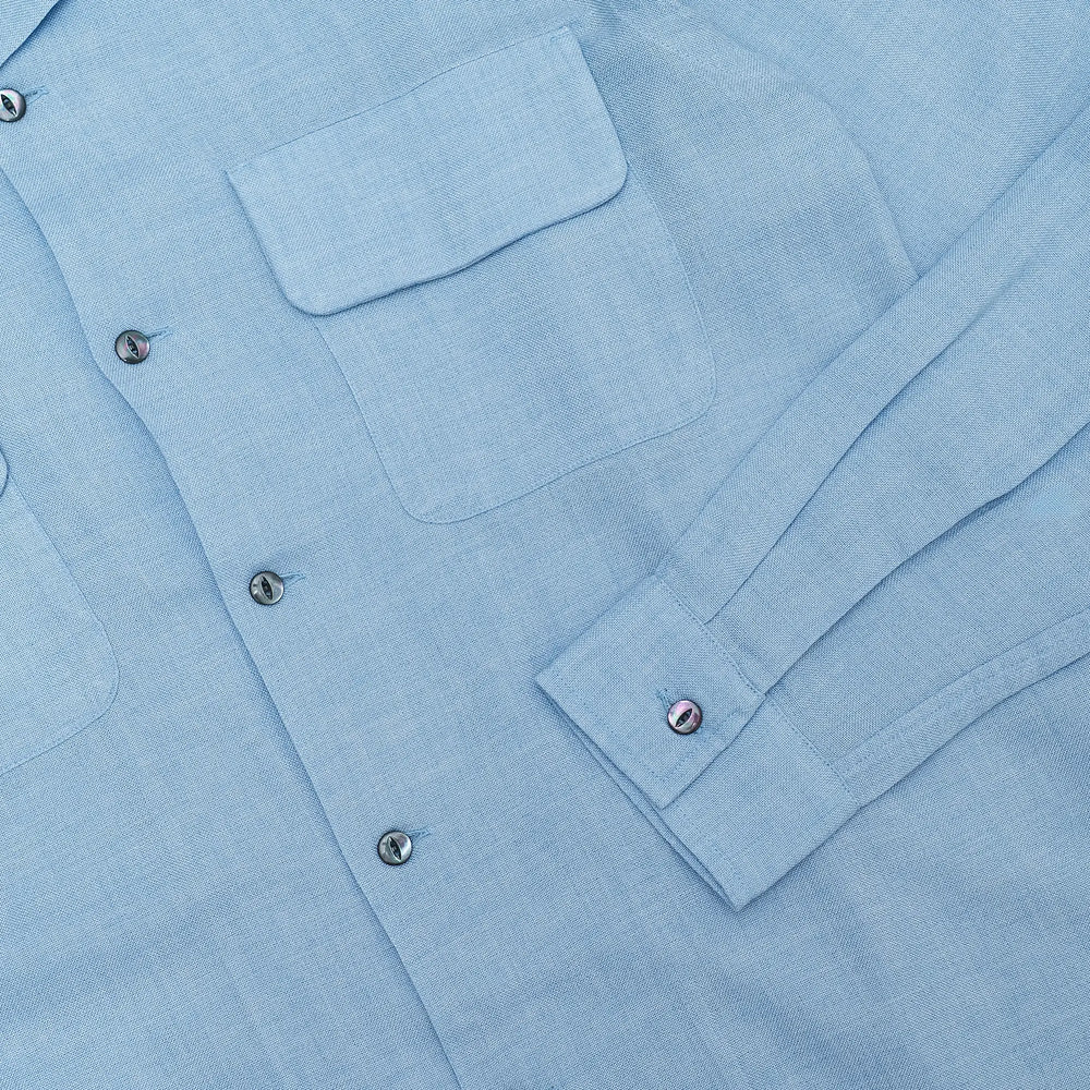 Button detail of the Knickerbocker Merino Hudson Shirt Sky Blue highlighting button material, stitching accuracy, and understated detailing for Clothier & Sons.