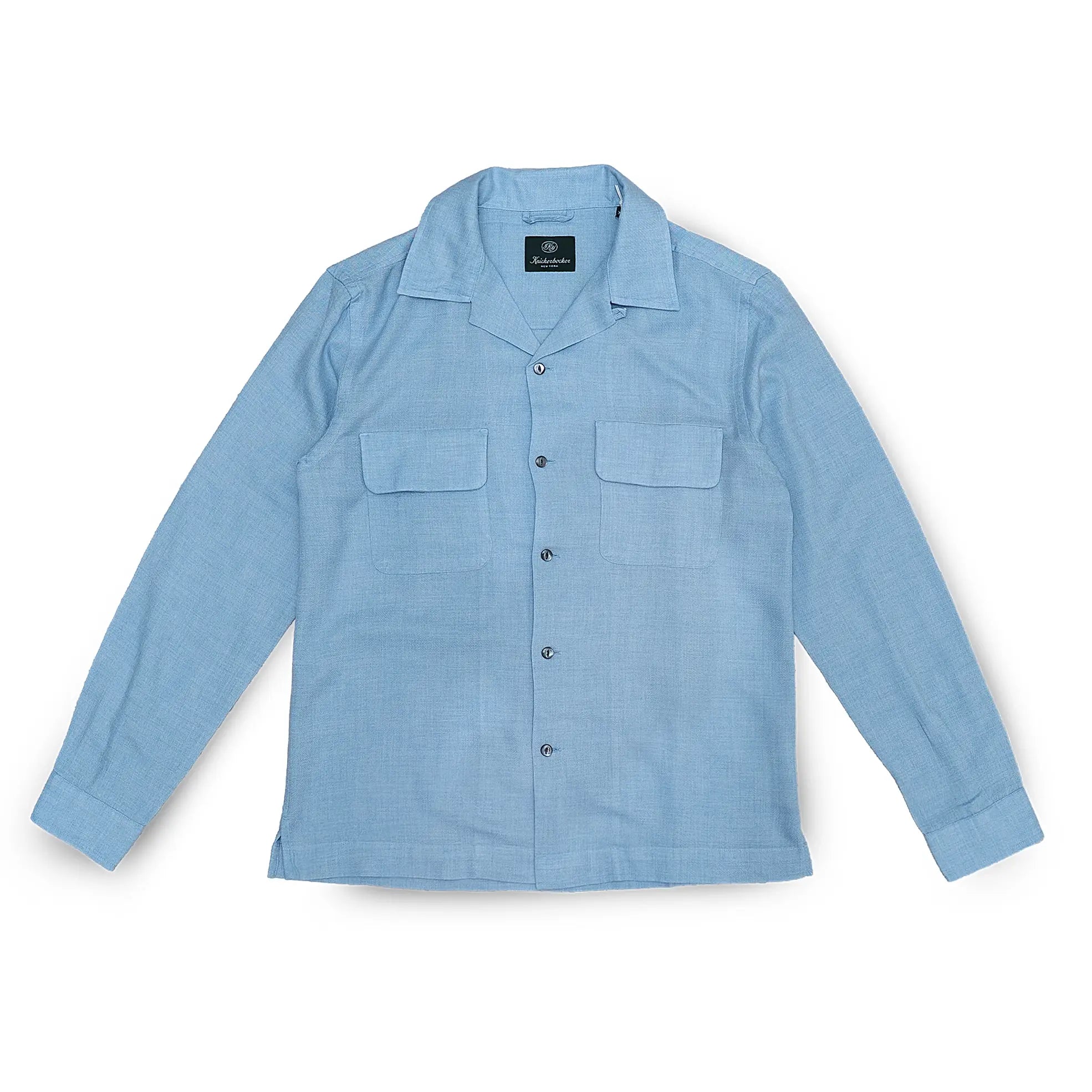 Front view of the Knickerbocker Merino Hudson Shirt Sky Blue showing the classic button-down shirt silhouette, soft sky blue tone, and clean minimalist design for Clothier & Sons.
