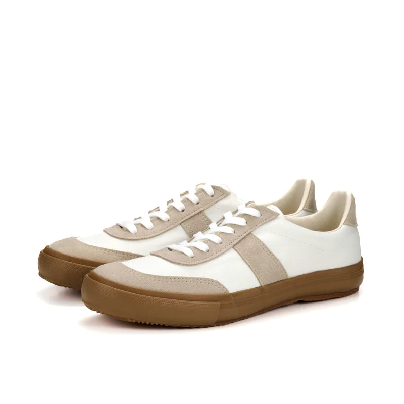 Stitching detail of the Moonstar Fine Vulcanized Athletic Ace White highlighting canvas construction and precise Japanese craftsmanship for Clothier & Sons.