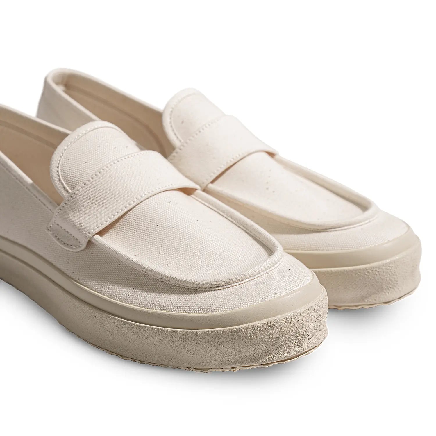 Front view of the Moonstar Loafy Natural showing rounded toe shape and clean slip-on design for Clothier & Sons.
