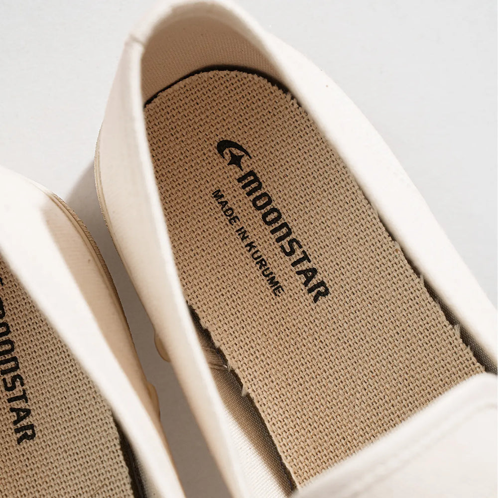 Insole detail of the Moonstar Loafy Natural showing branded footbed and natural fabric lining for Clothier & Sons.