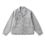 Front view of the Old Joe Cropped Engineering Jacket Fog showing the cropped silhouette, structured front design, and muted fog tone for Clothier & Sons.