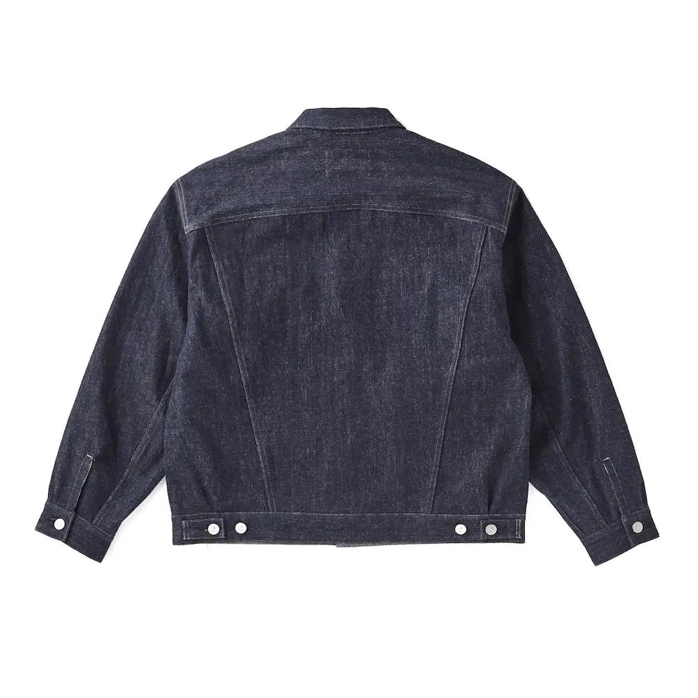 Back view of the Old Joe Curved Flap Jean Jacket Indigo highlighting clean back panel construction, structured denim form, and balanced proportions for Clothier & Sons.