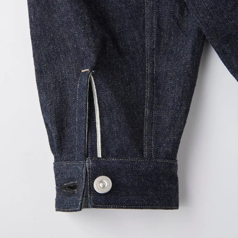Fabric detail of the Old Joe Curved Flap Jean Jacket Indigo revealing indigo denim texture, weave character, and depth of color for Clothier & Sons.