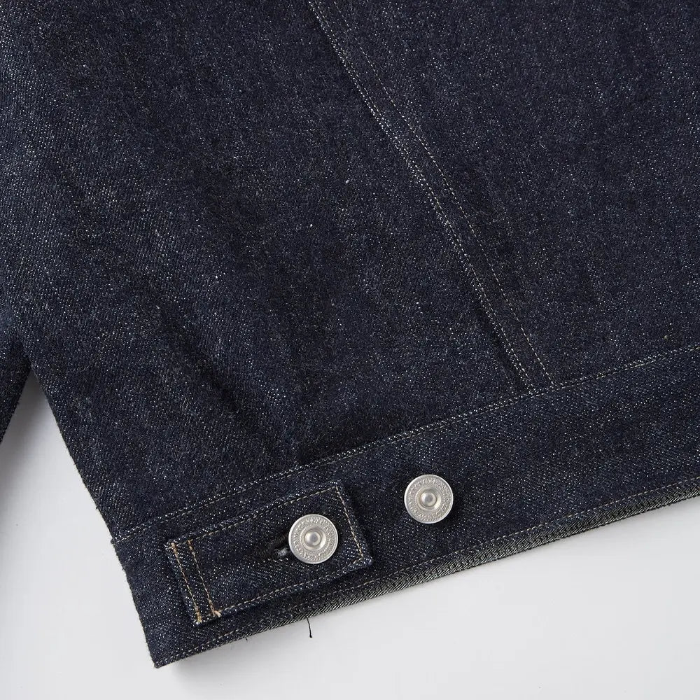 Fabric detail of the Old Joe Curved Flap Jean Jacket Indigo revealing indigo denim texture, weave character, and depth of color for Clothier & Sons.