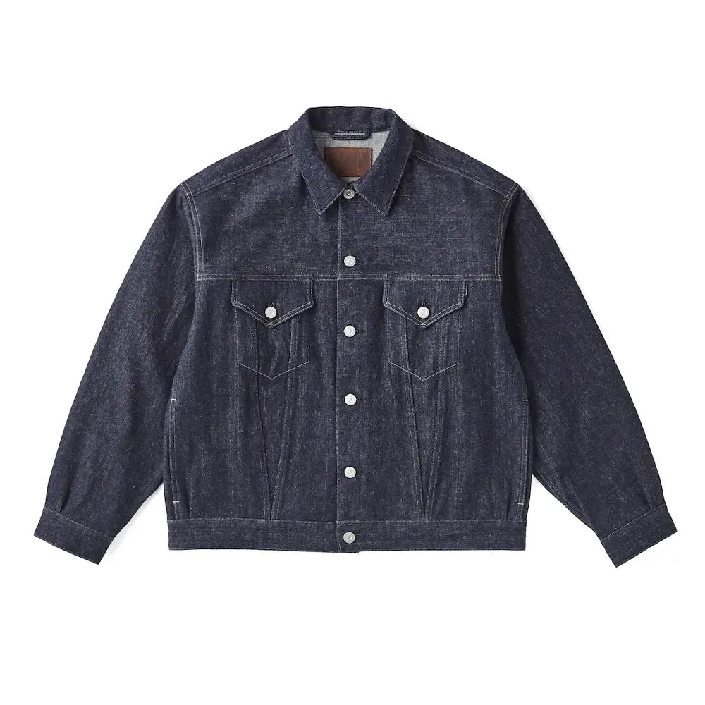 Front view of the Old Joe Curved Flap Jean Jacket Indigo showing the classic denim jacket silhouette, curved flap chest pockets, and rich indigo tone for Clothier & Sons.