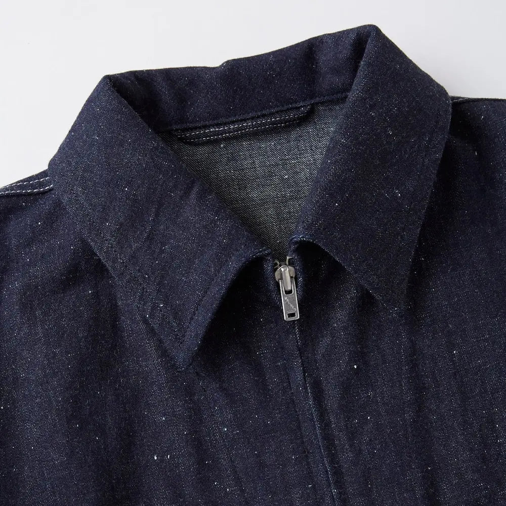 Collar detail of the Old Joe Erwin Zip Jacket Indigo showing collar shape, stitching, and structured neckline finish for Clothier & Sons.