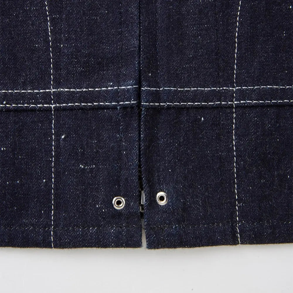 Fabric detail of the Old Joe Erwin Zip Jacket Indigo revealing indigo-dyed fabric texture, weave character, and material depth for Clothier & Sons.