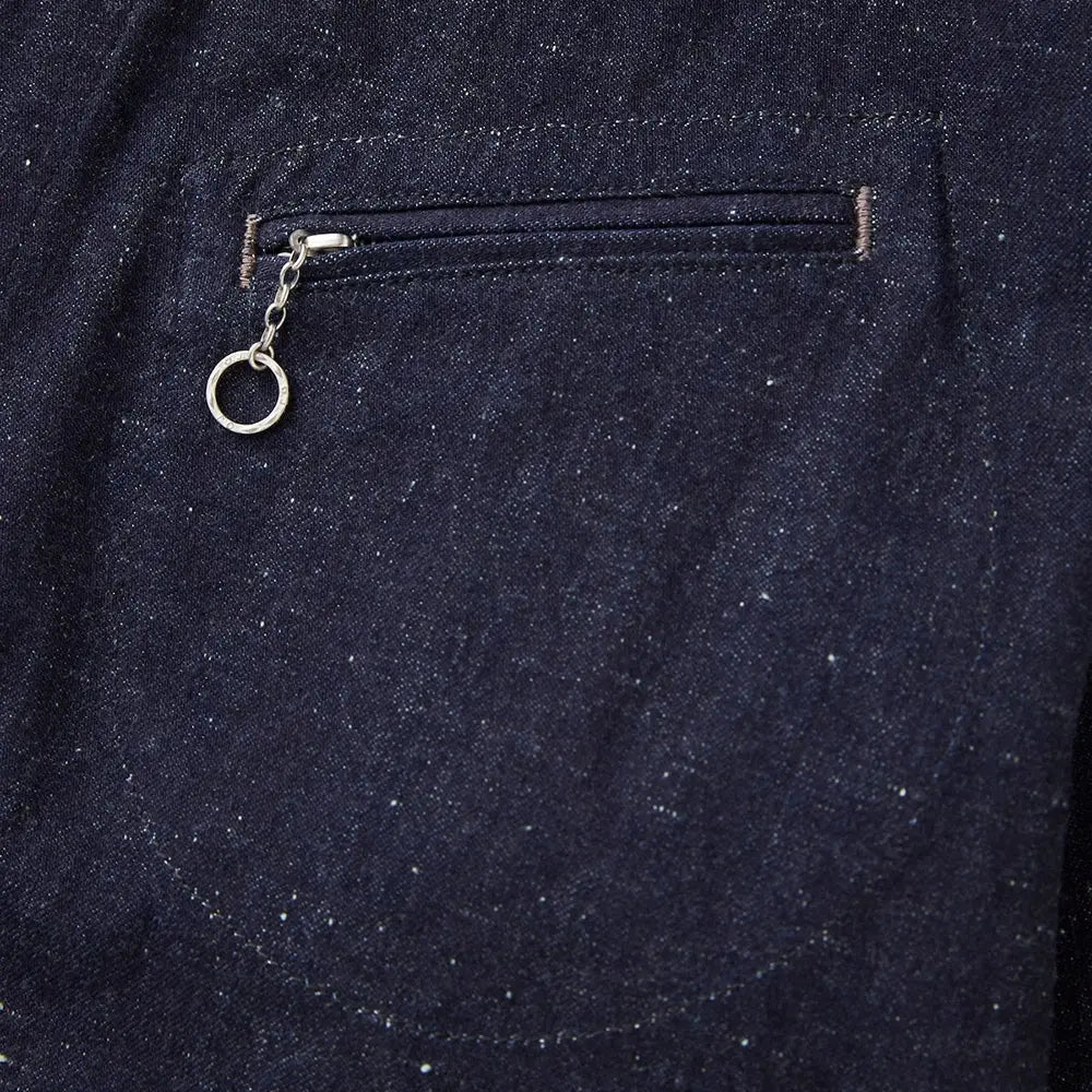Side profile of the Old Joe Erwin Zip Jacket Indigo showing jacket length, sleeve line, and streamlined shape for Clothier & Sons.
