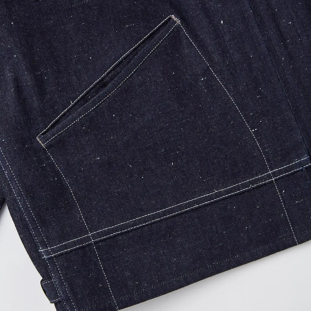 Side profile of the Old Joe Erwin Zip Jacket Indigo showing jacket length, sleeve line, and streamlined shape for Clothier & Sons.