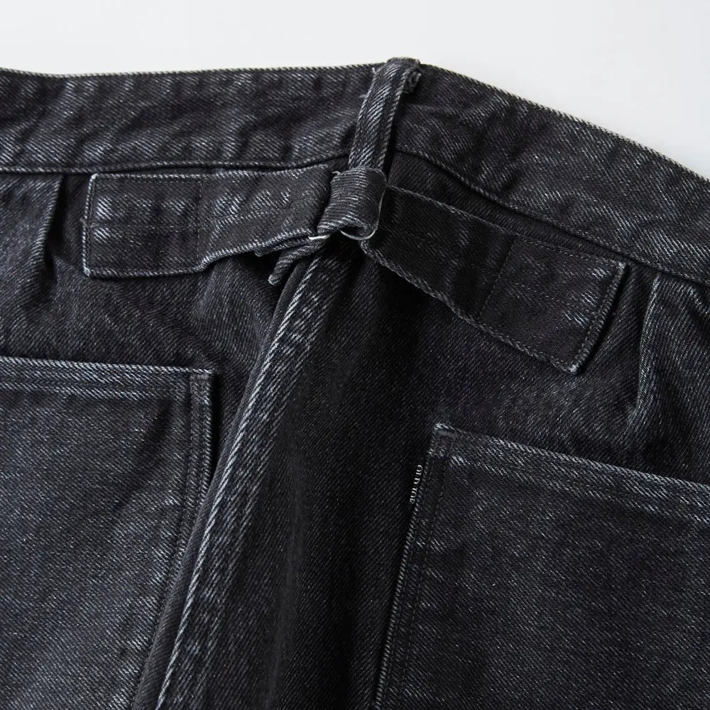 Waist detail of the Old Joe Flat-Back Jean Trouser 946 Graphite showing waistband construction, belt loops, and stitching finish for Clothier & Sons.