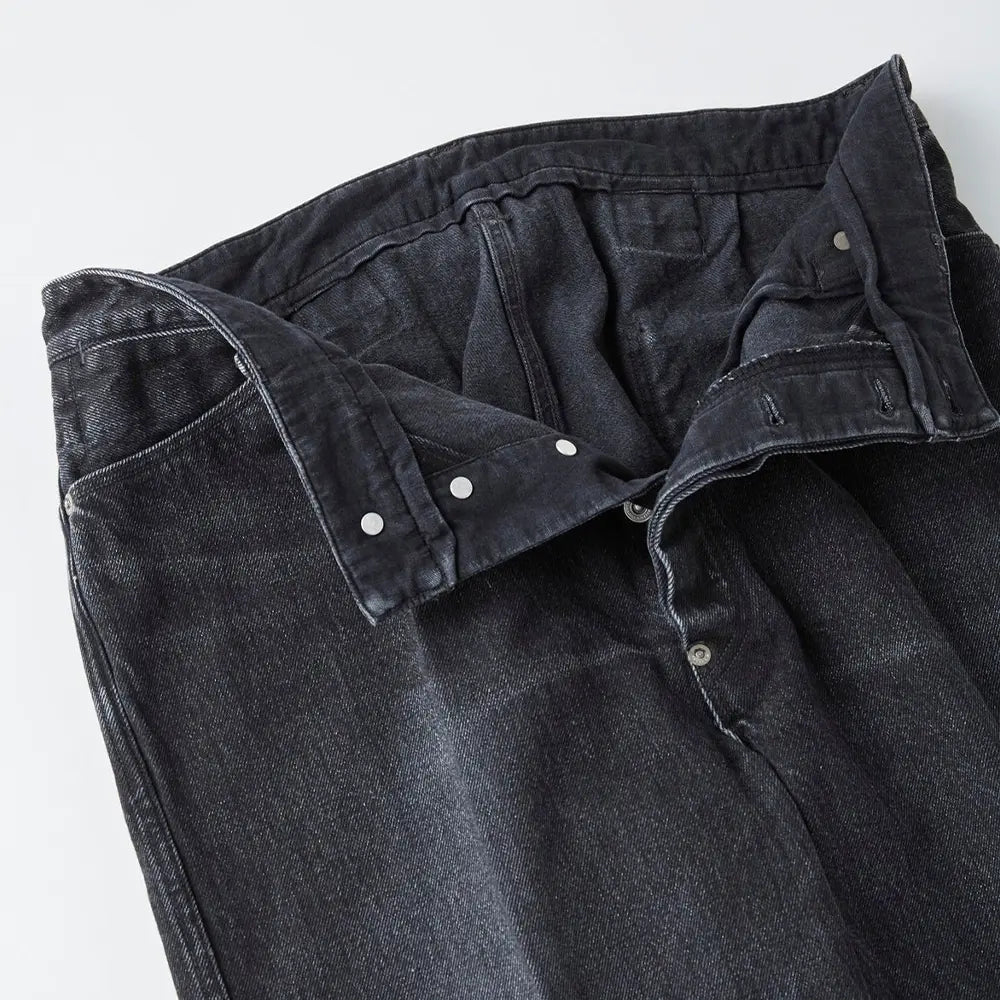 Waist detail of the Old Joe Flat-Back Jean Trouser 946 Graphite showing waistband construction, belt loops, and stitching finish for Clothier & Sons.