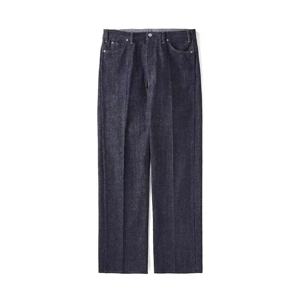 Front view of the Old Joe Saddle Straight Jean Trouser 945 Indigo showing the straight leg silhouette, saddle construction details, and rich indigo tone for Clothier & Sons.