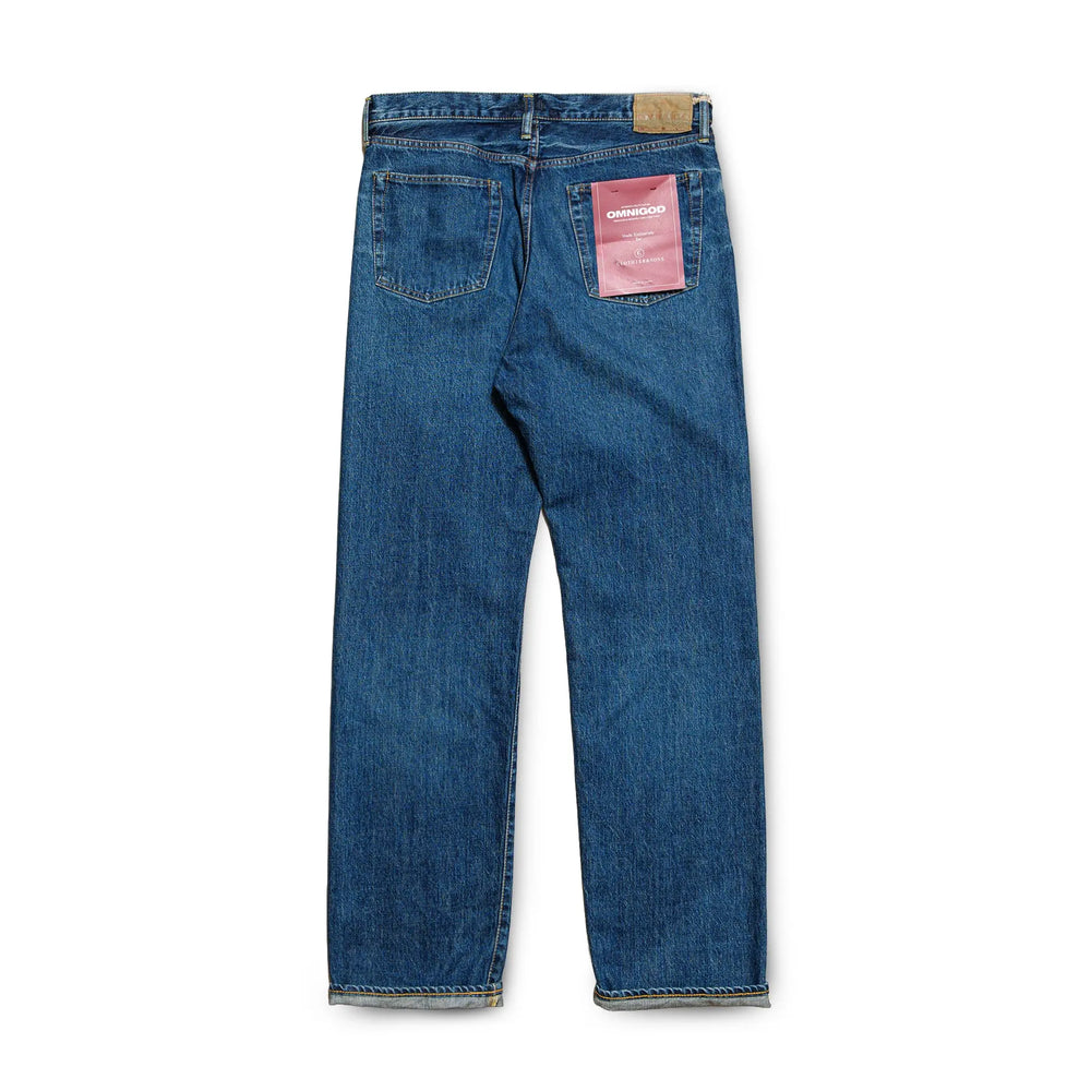 Back view of the Omnigod Clothier & Sons Selvedge Used Wash Jeans highlighting back pocket placement, worn-in denim character, and balanced proportions for Clothier & Sons.