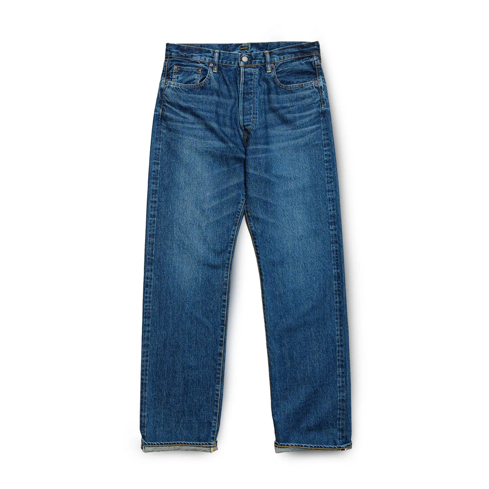 Front view of the Omnigod Clothier & Sons Selvedge Used Wash Jeans showing the straight leg silhouette, vintage fade, and classic five-pocket design for Clothier & Sons.