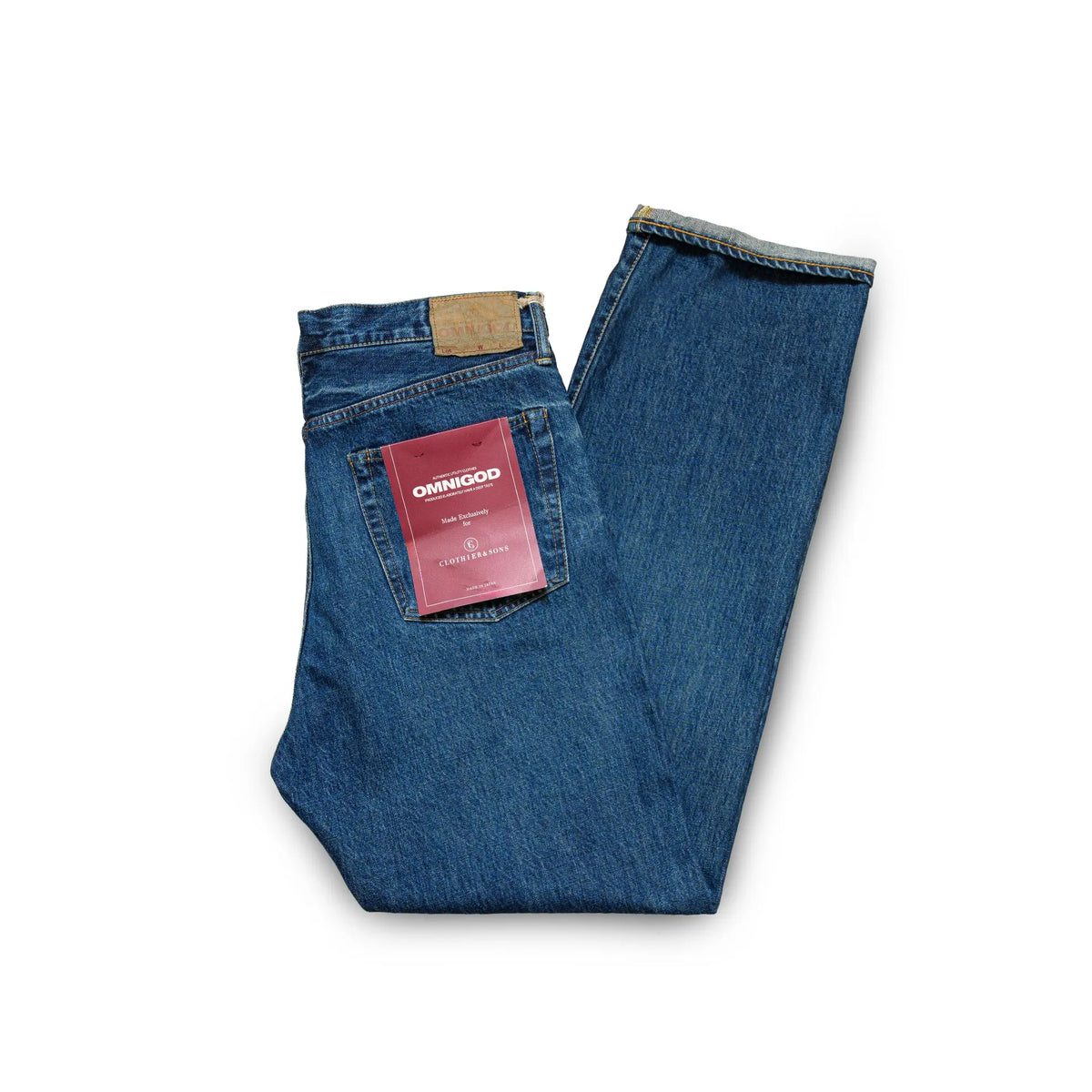 Front view of the Omnigod Clothier & Sons Selvedge Used Wash Jeans showing the straight leg silhouette, vintage fade, and classic five-pocket design for Clothier & Sons.