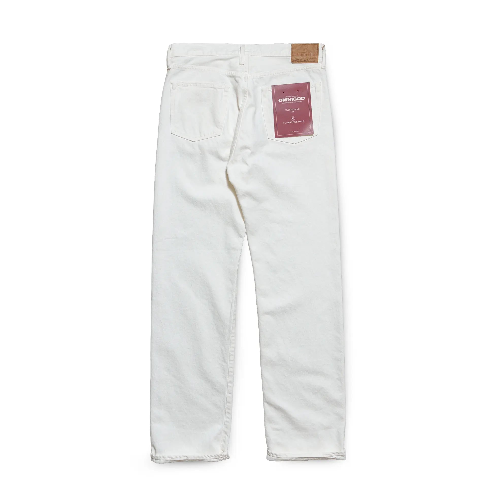 Back view of the Omnigod Clothier & Sons Selvedge White Jeans highlighting back pocket placement, crisp white denim appearance, and balanced proportions for Clothier & Sons.

