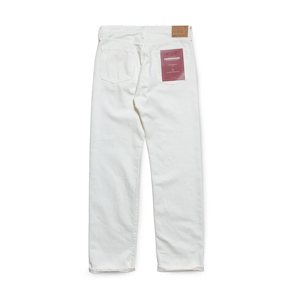 Back view of the Omnigod Clothier & Sons Selvedge White Jeans highlighting back pocket placement, crisp white denim appearance, and balanced proportions for Clothier & Sons.
