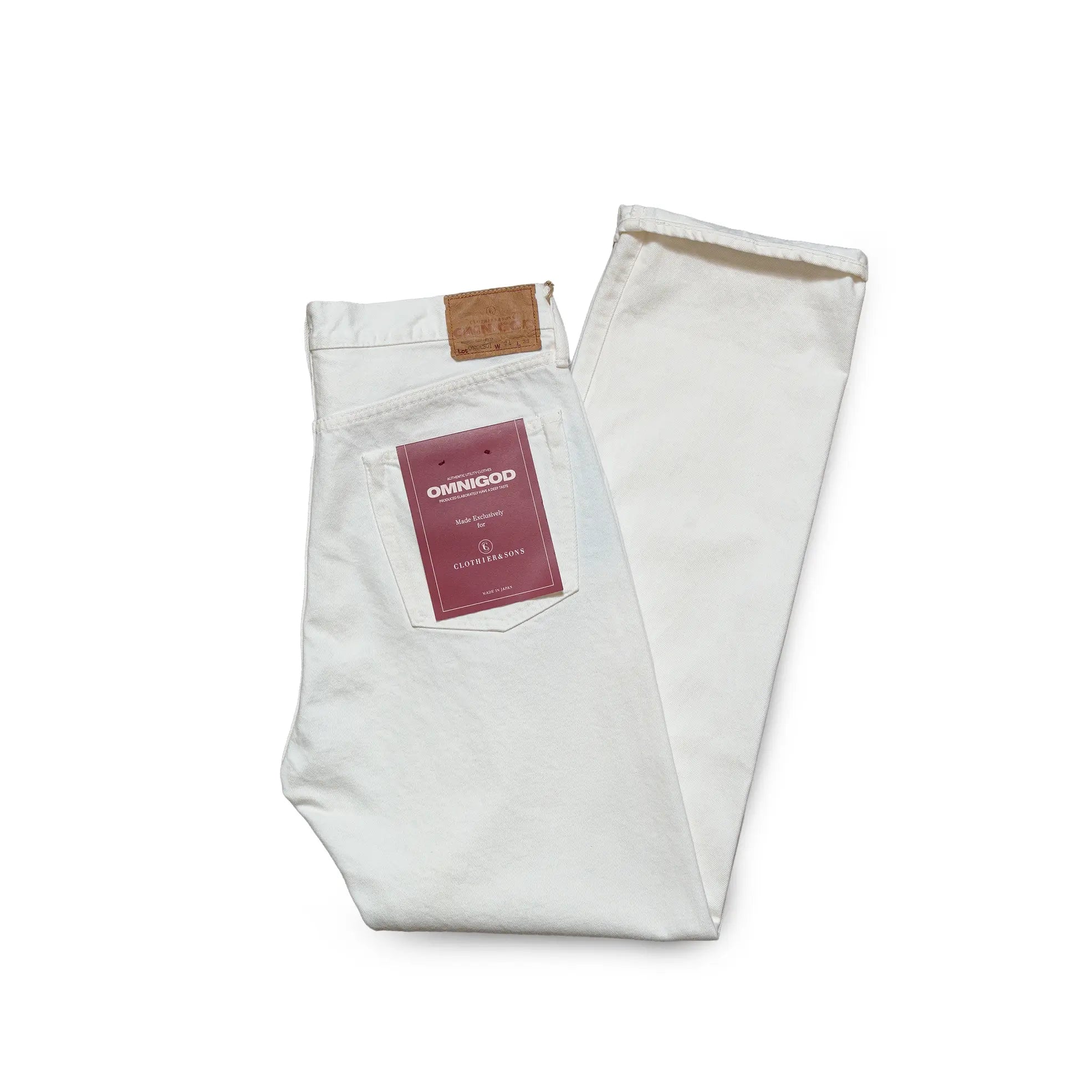 Front view of the Omnigod Clothier & Sons Selvedge White Jeans showing the straight leg silhouette, clean white tone, and classic five-pocket design for Clothier & Sons.