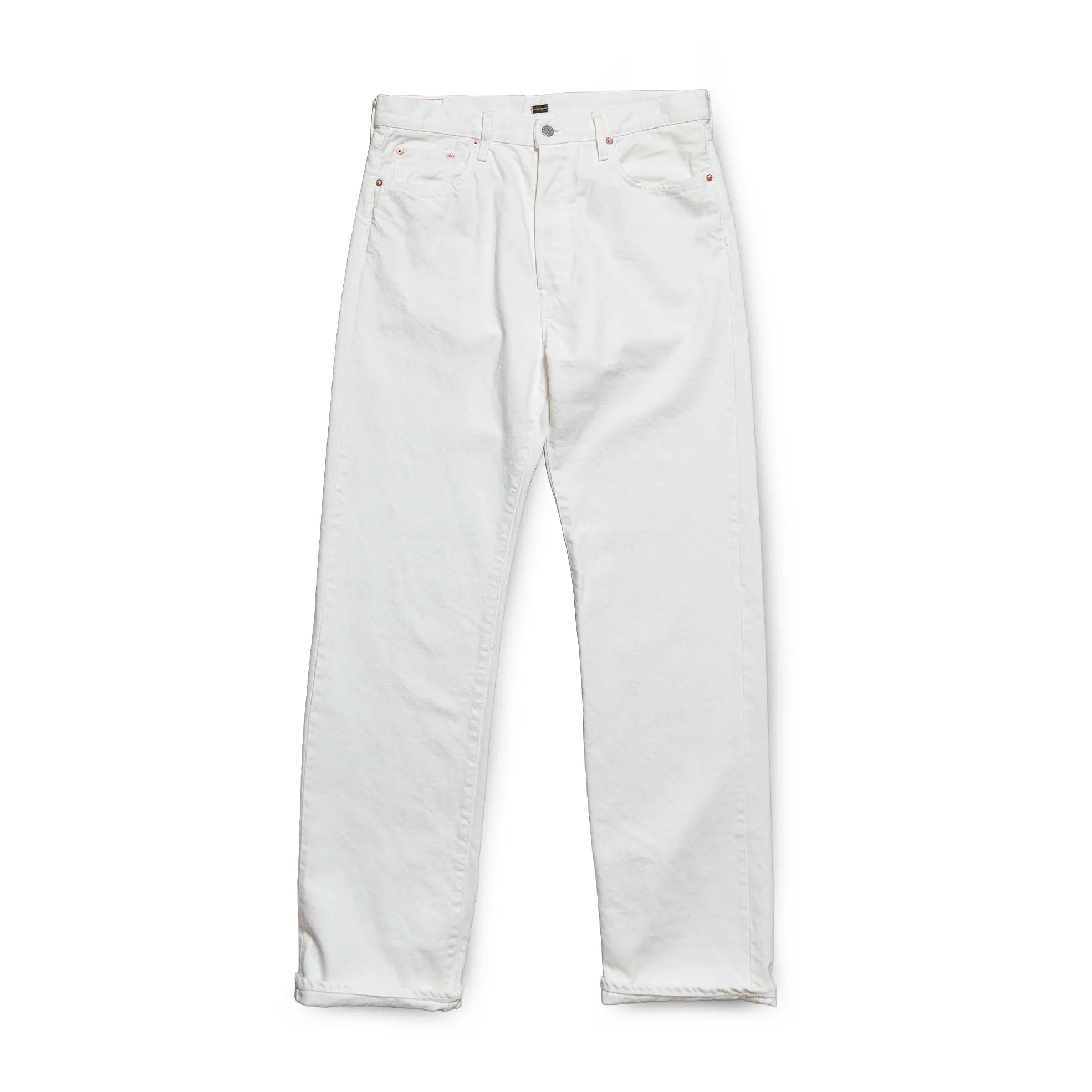 Front view of the Omnigod Clothier & Sons Selvedge White Jeans showing the straight leg silhouette, clean white tone, and classic five-pocket design for Clothier & Sons.
