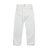 Front view of the Omnigod Clothier & Sons Selvedge White Jeans showing the straight leg silhouette, clean white tone, and classic five-pocket design for Clothier & Sons.
