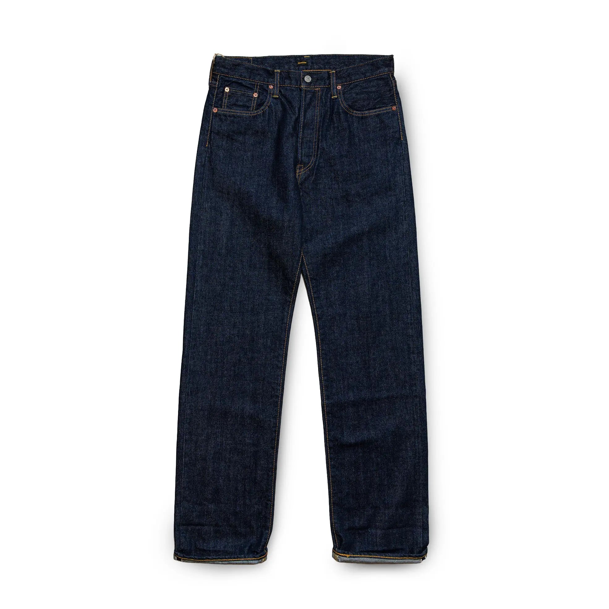 Front view of the Omnigod Clothier & Sons Selvedge One Wash Jeans showing the straight leg silhouette, deep indigo tone, and classic five-pocket design for Clothier & Sons.