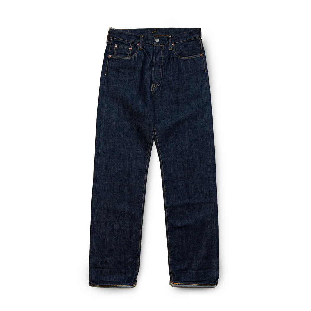 Front view of the Omnigod Clothier & Sons Selvedge One Wash Jeans showing the straight leg silhouette, deep indigo tone, and classic five-pocket design for Clothier & Sons.